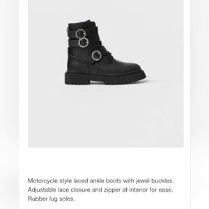 Brand New ZARA Girls Motorcycle Style Black Laced Ankle Boots with Jewel Buckles